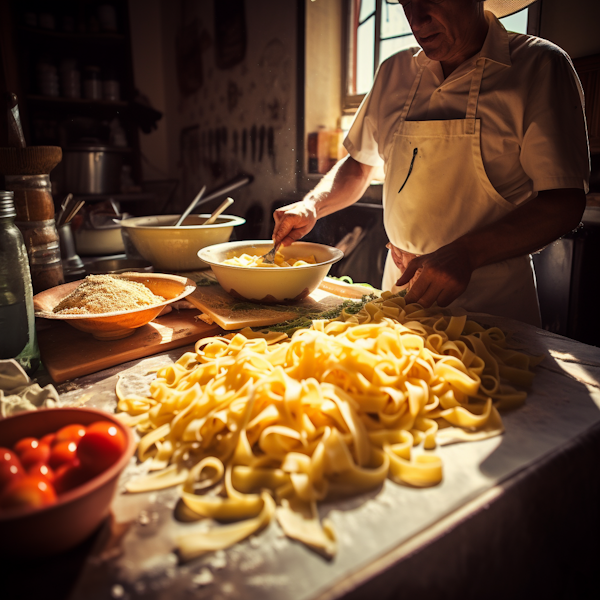 Artisan Pasta Preparation in a Sunlit Kitchen