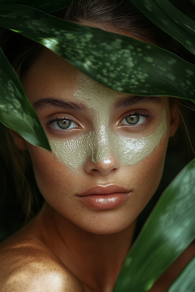 Woman with Green Facial Mask and Leaves