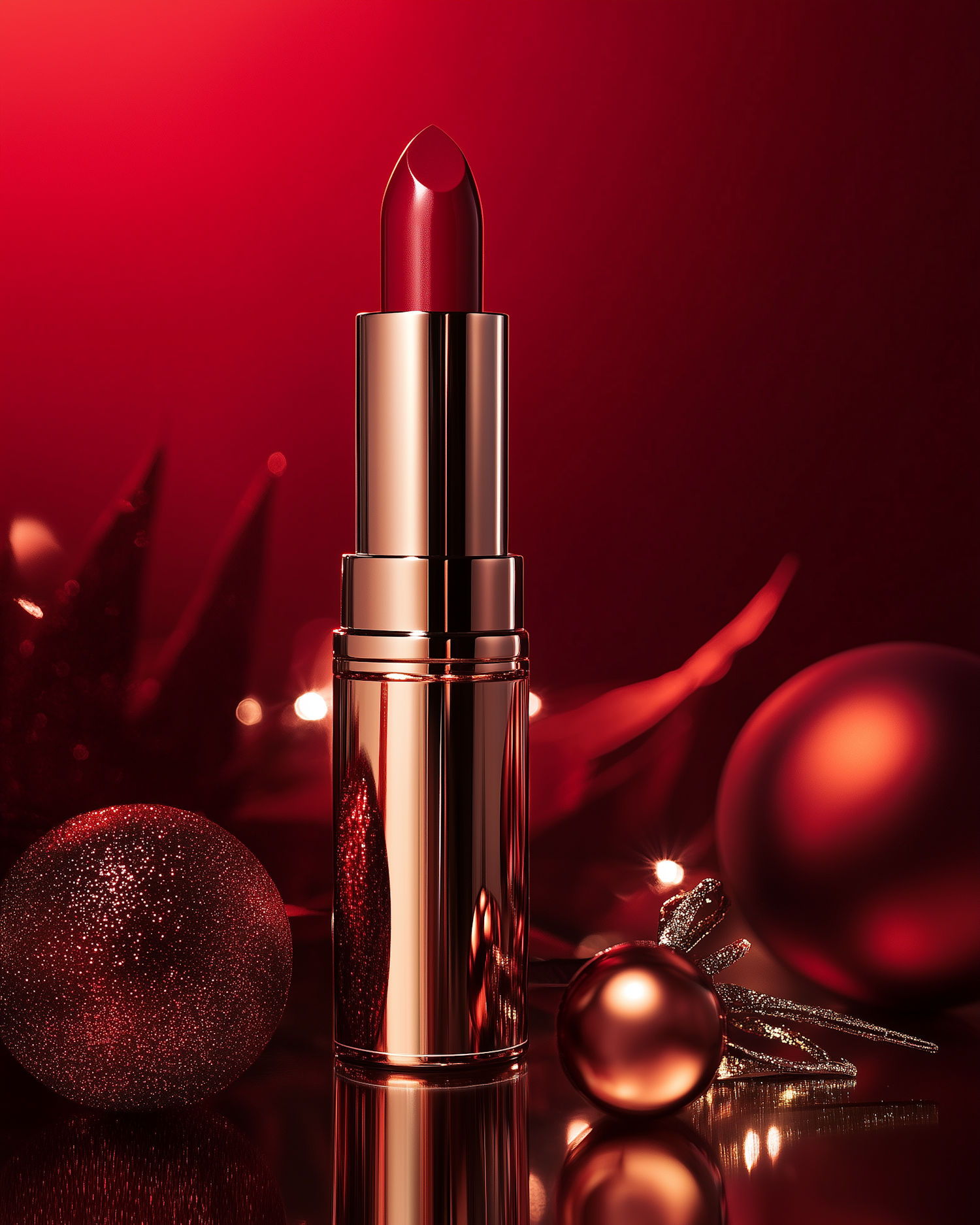 Luxurious Red Lipstick with Festive Ornaments