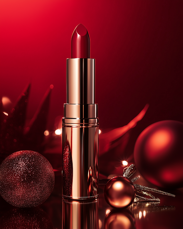 Luxurious Red Lipstick with Festive Ornaments