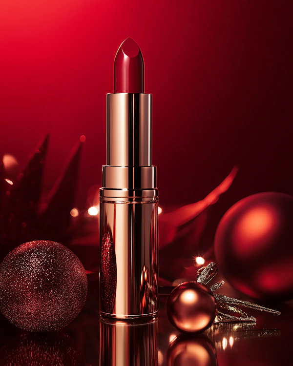 Luxurious Red Lipstick with Festive Ornaments