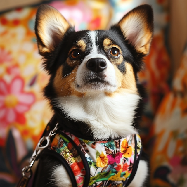 Corgi in Floral Harness