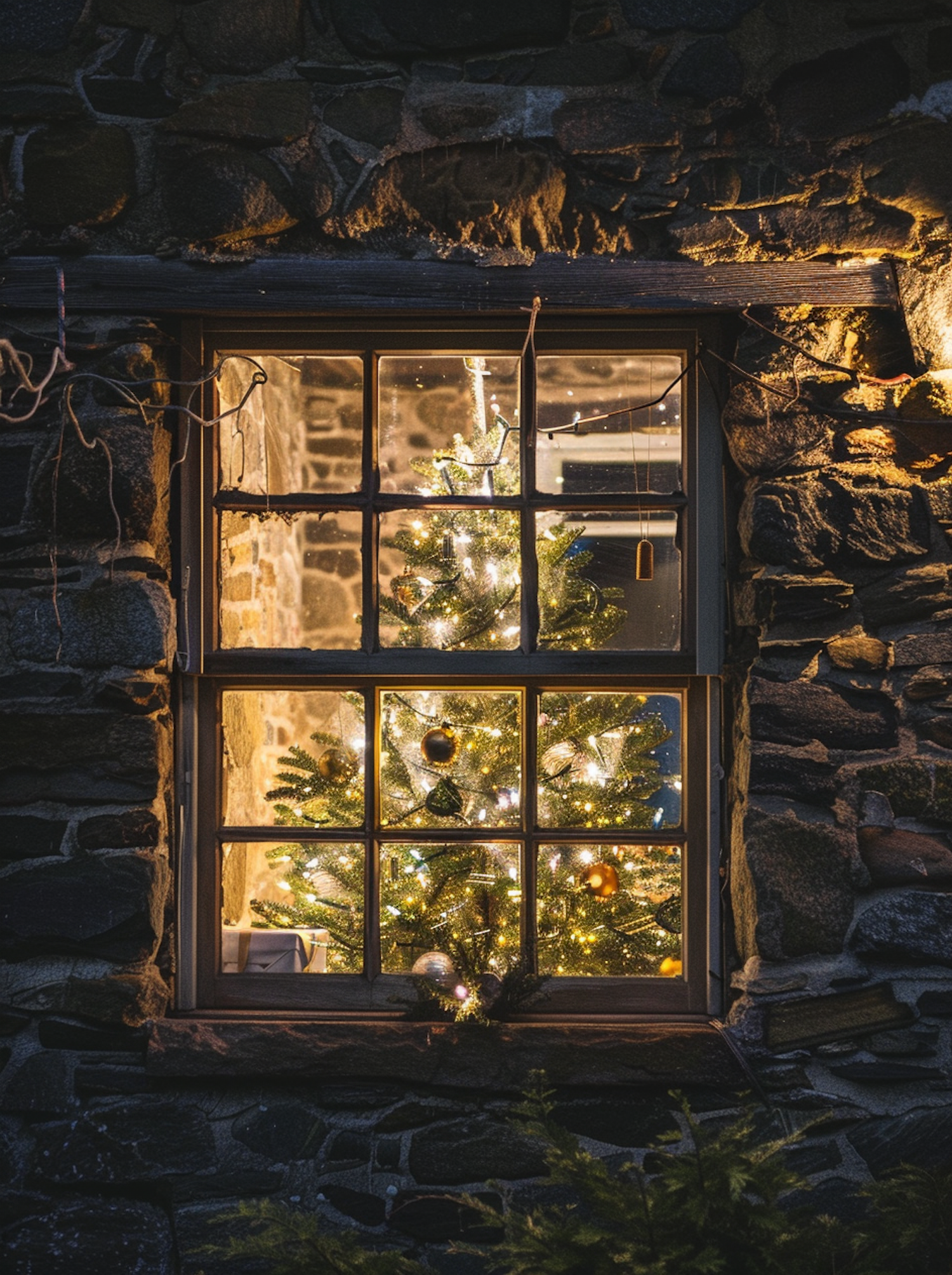 Warmly Lit Christmas Scene through Stone Window