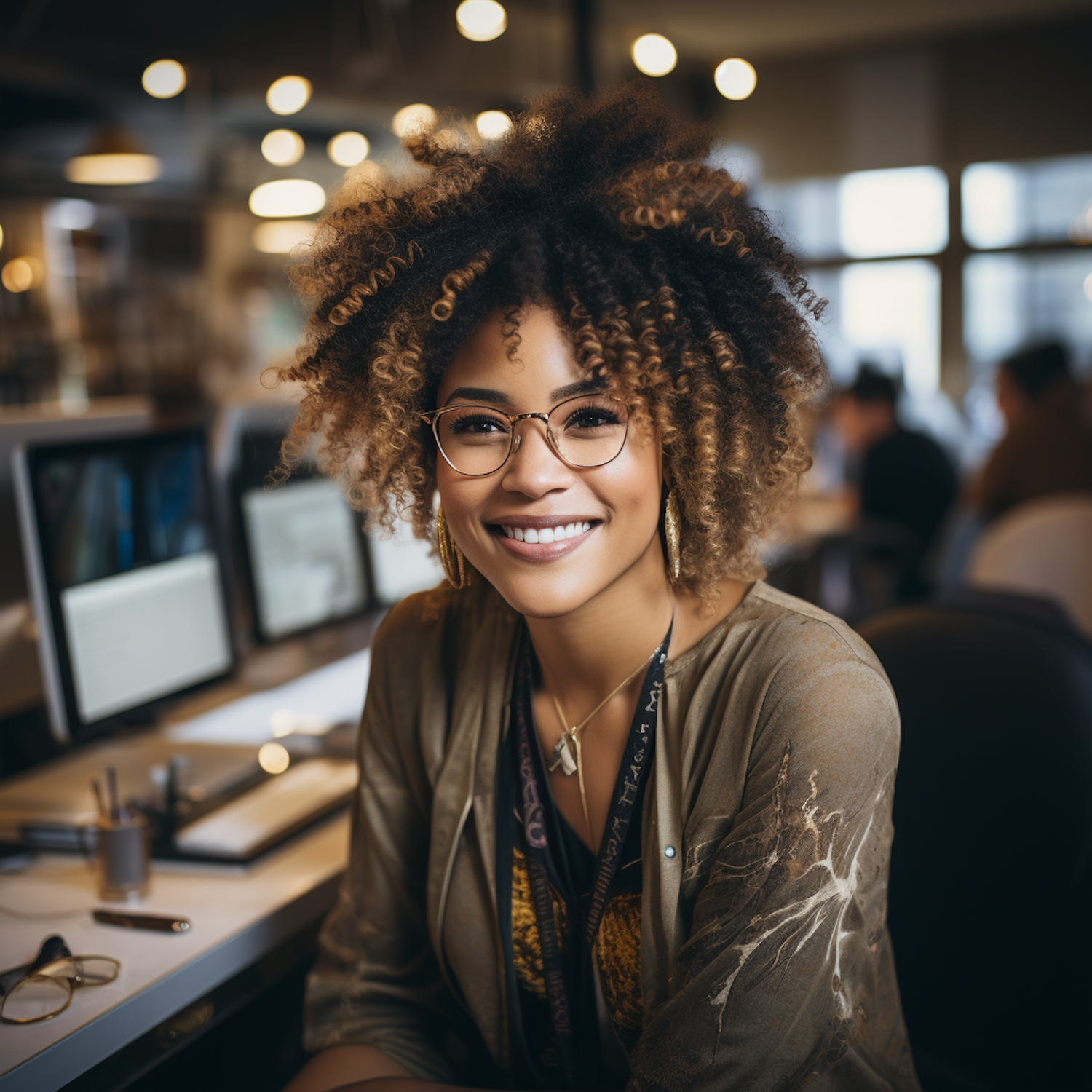 Joyful Modern Professional with Curly Hair