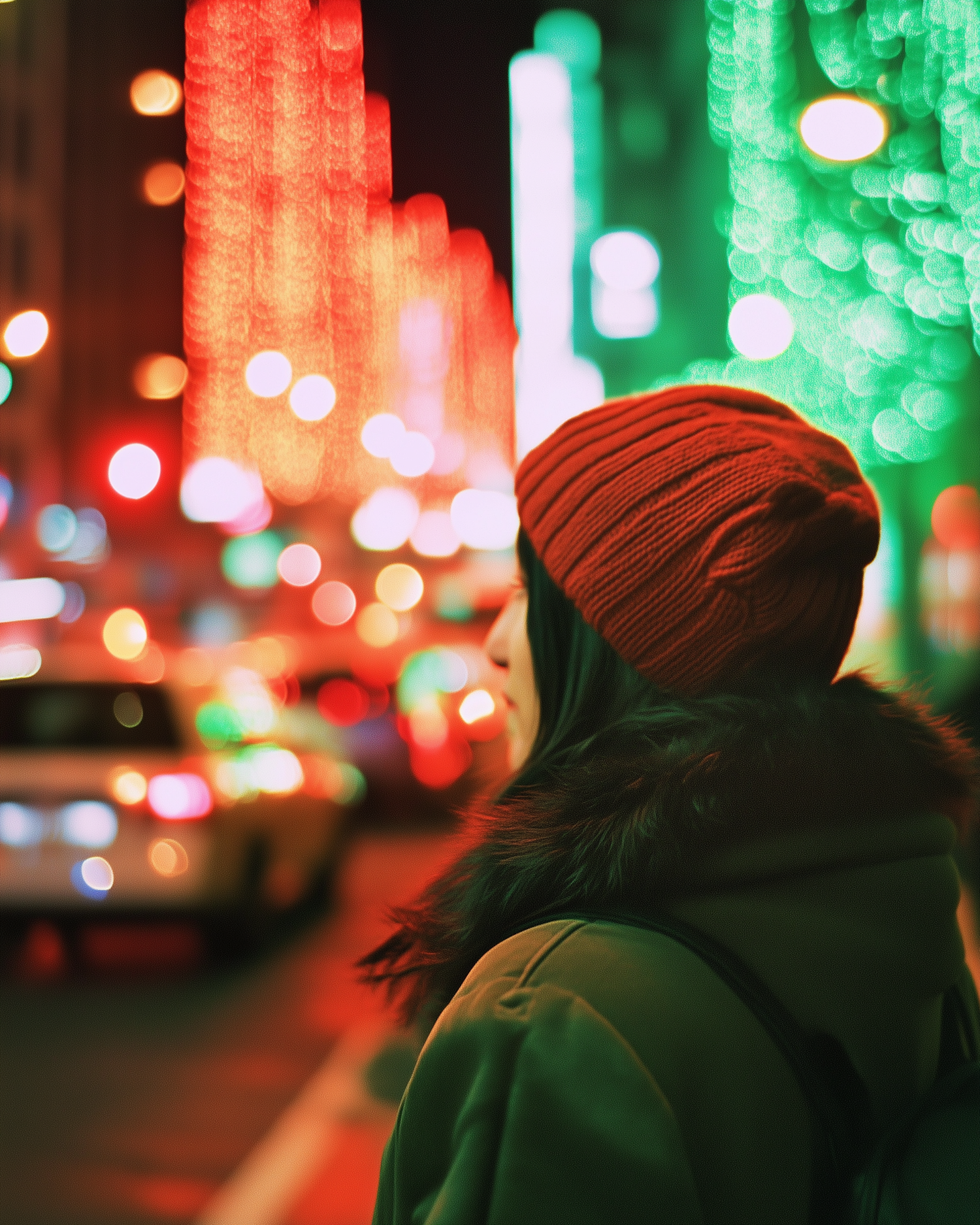 City Street at Night with Red Hat