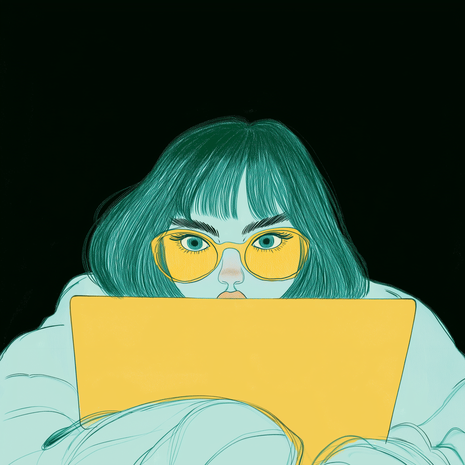 Stylized Illustration of a Person with Teal Hair and Yellow Glasses