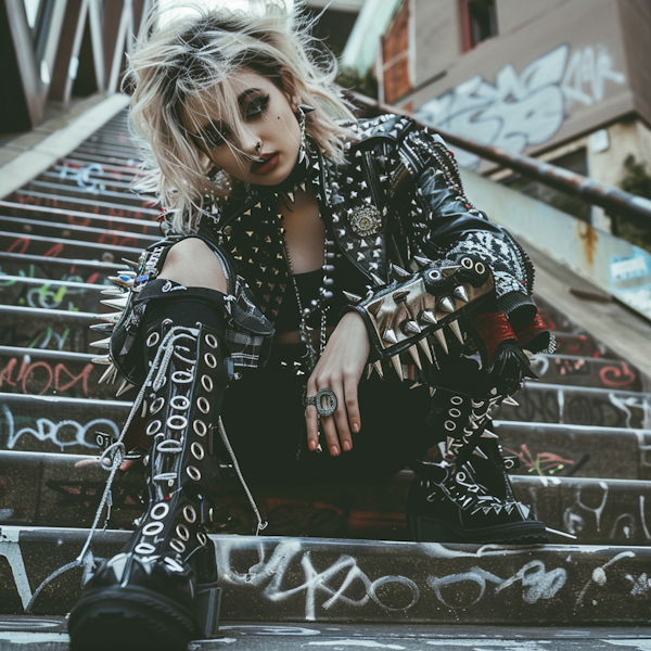 Punk Style Woman on Graffiti Stairs