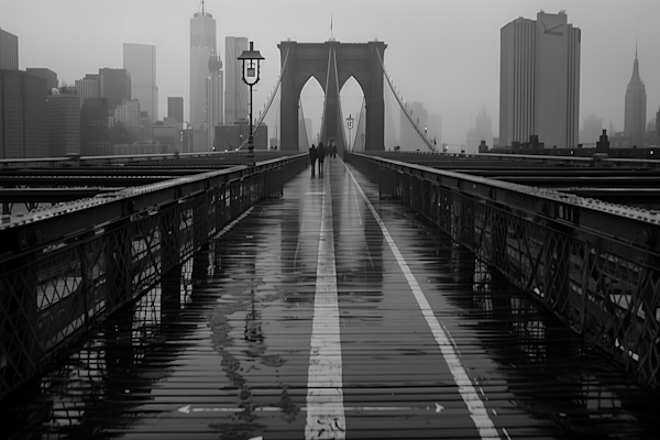 Rainy City Bridge with Pedestrians