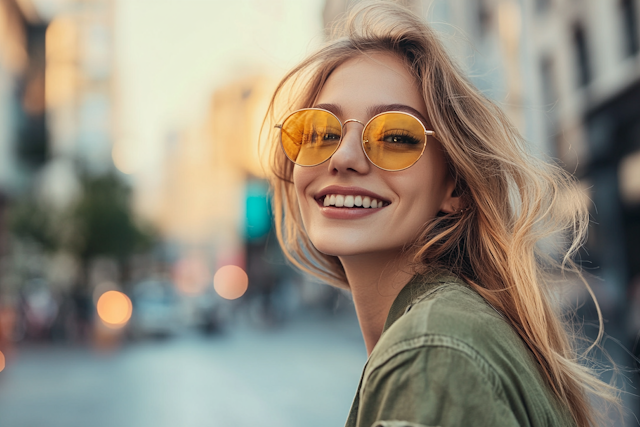 Joyful Young Woman in Urban Sunset