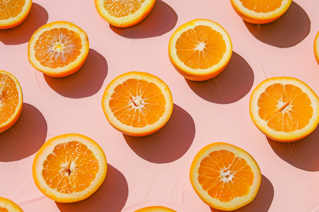 Halved Oranges on Pink Surface