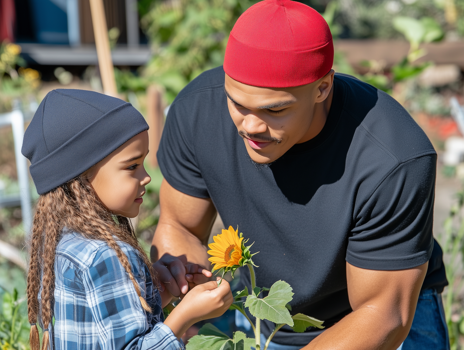 Man and Girl with Sunflower in Garden