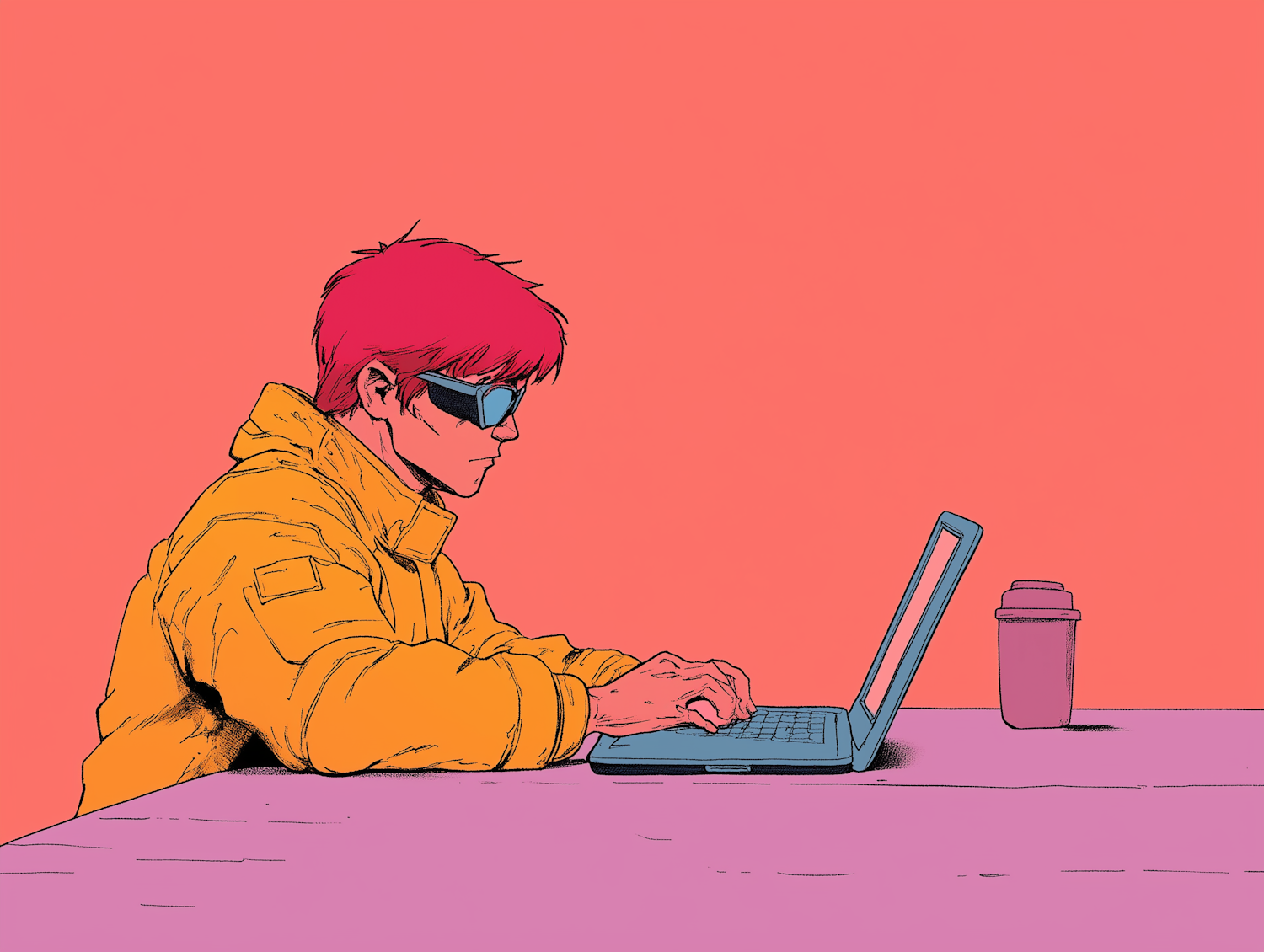 Person Typing on Laptop with Bright Red Hair