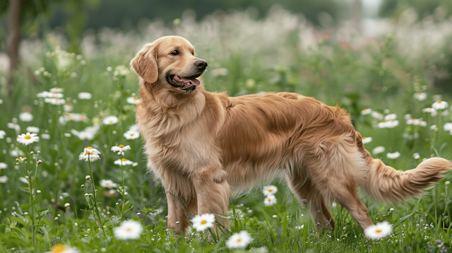 Golden Retriever in a Field of Daisies