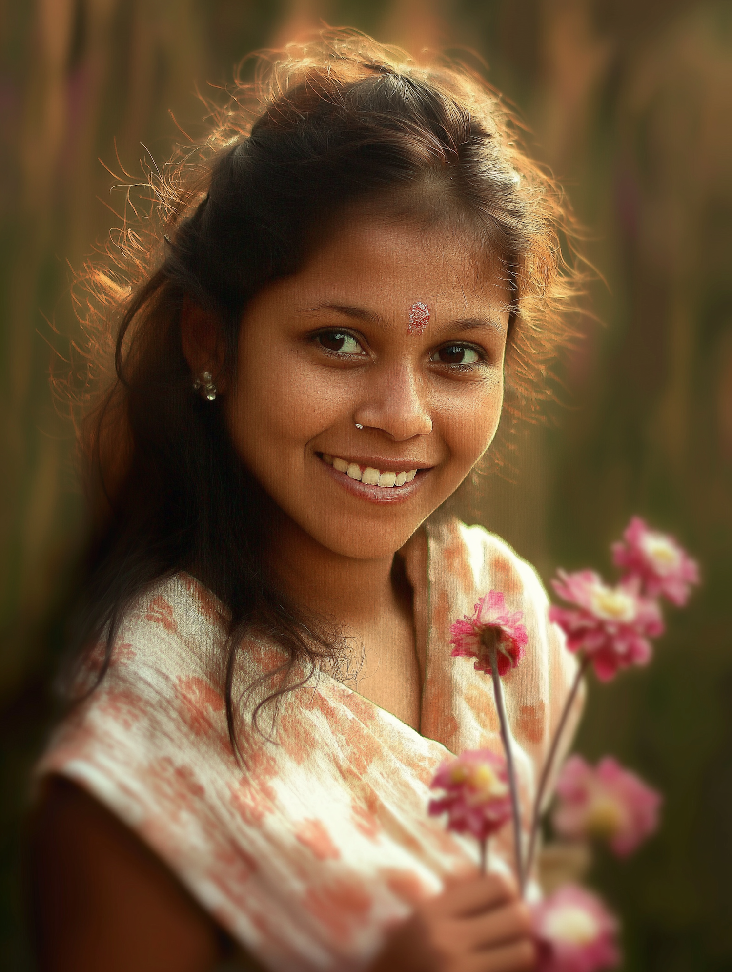 Young Woman with Pink Flowers