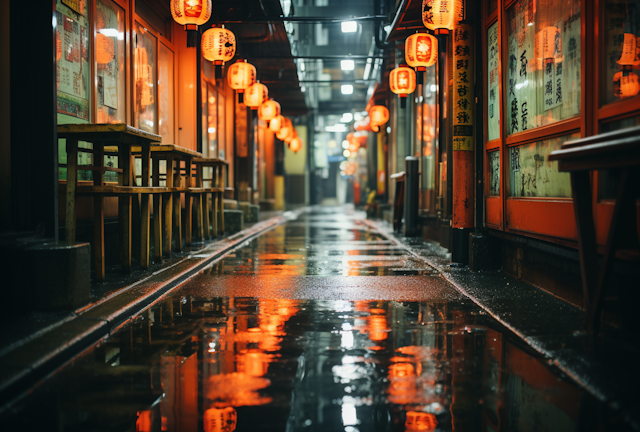 Rain-Soaked Alley in Warm Lantern Glow