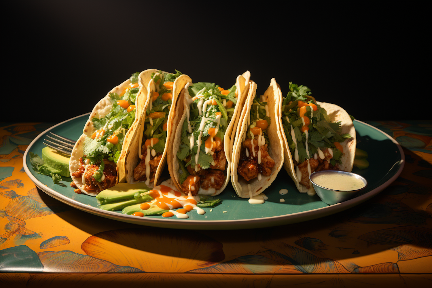 Colorful Plate of Gourmet Tacos with Avocado and Creamy Sauce