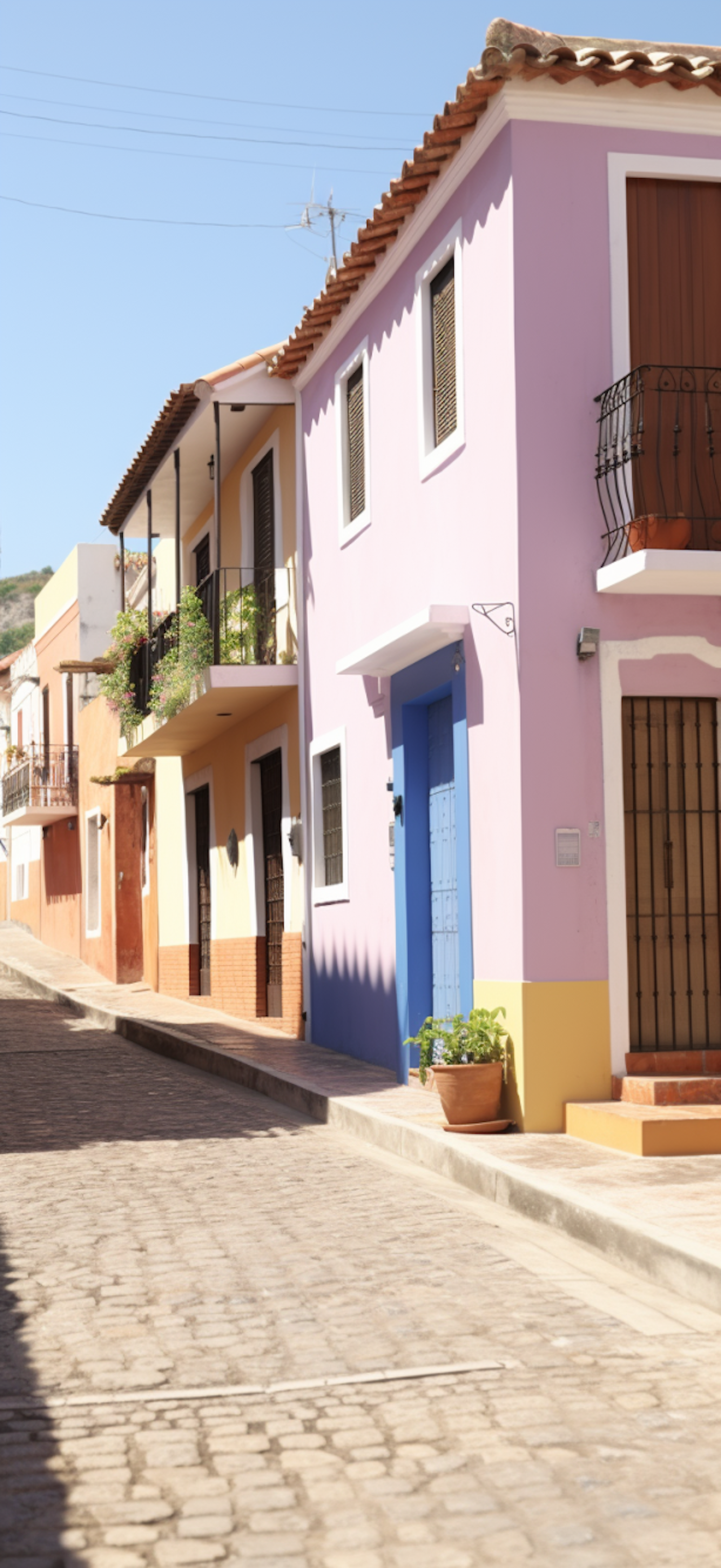Quaint Cobblestone Streetscape with Colorful Mediterranean Houses