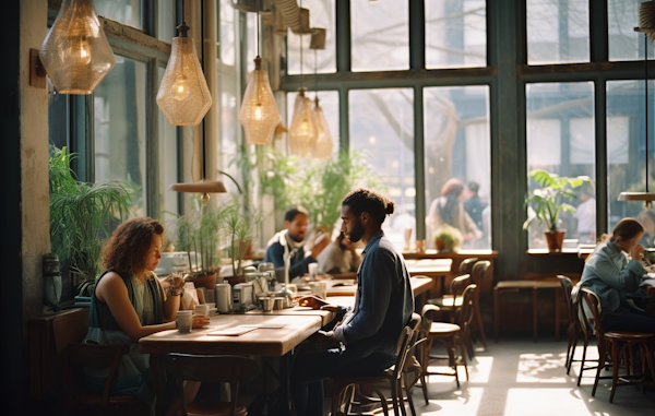 Serene Conversation in Sunlit Café