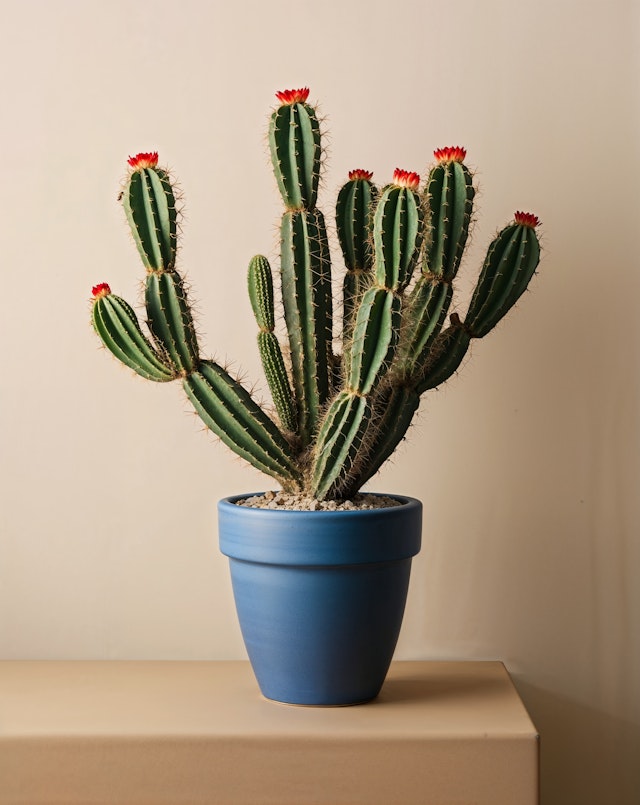 Potted Cactus with Red Flowers