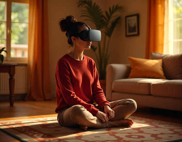 Woman with VR Headset in Cozy Room