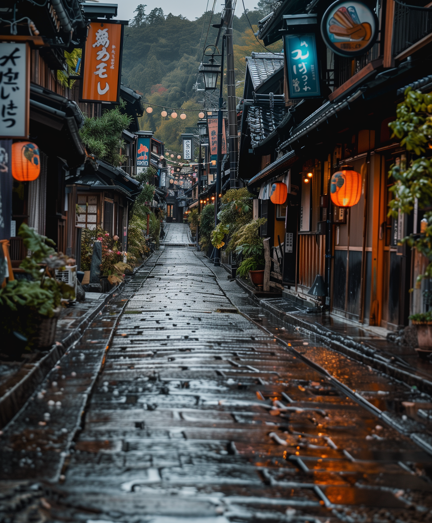 Rain-soaked Historic Street in Japan