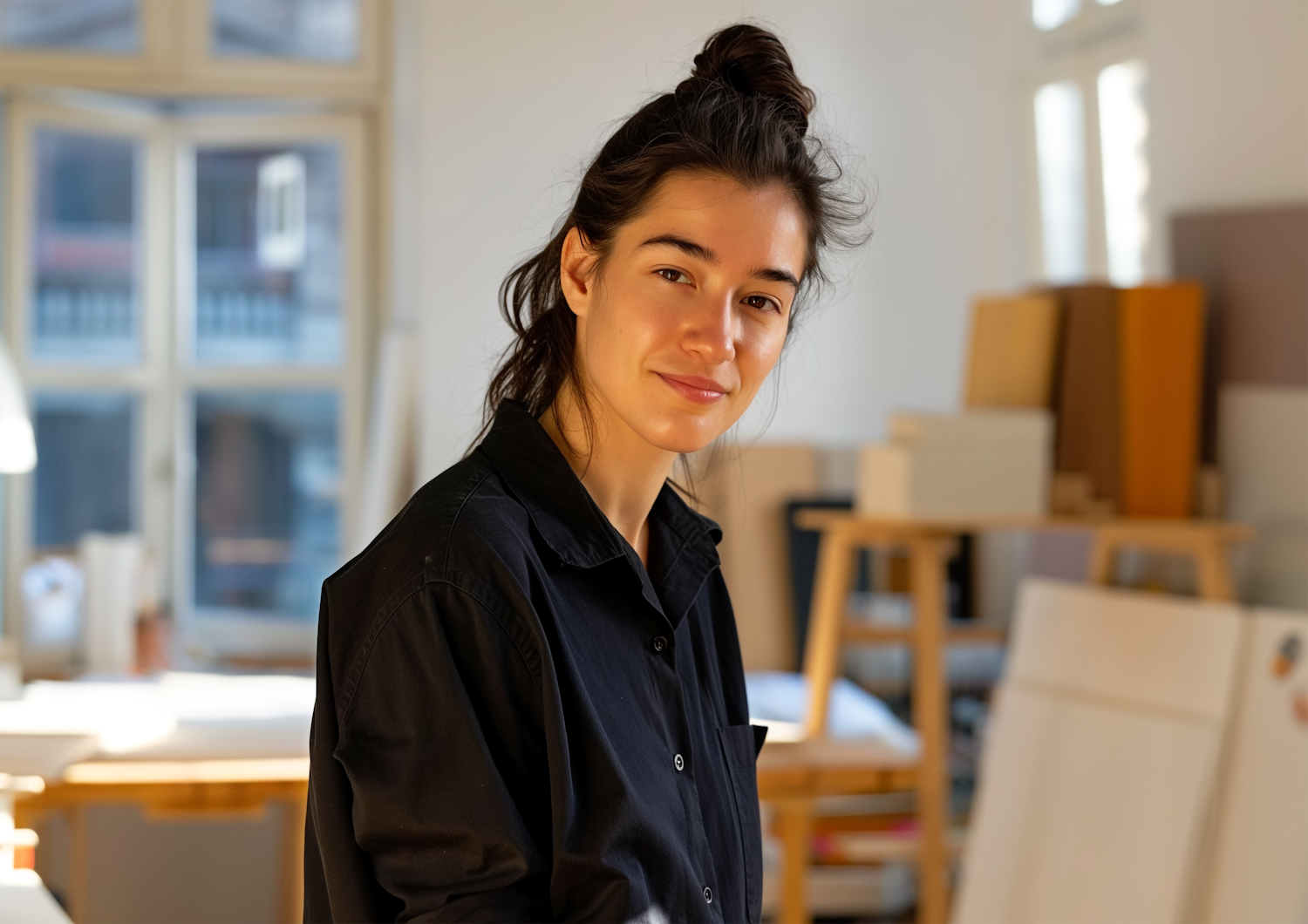 Young Female with Messy Bun in Creative Space