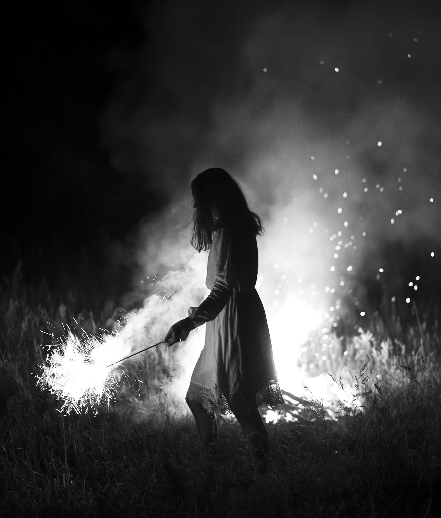 Silhouetted Woman with Spark Stick at Night