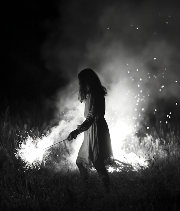 Silhouetted Woman with Spark Stick at Night