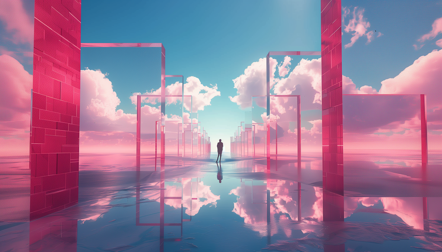 Surreal Landscape with Geometric Structures and Lone Figure