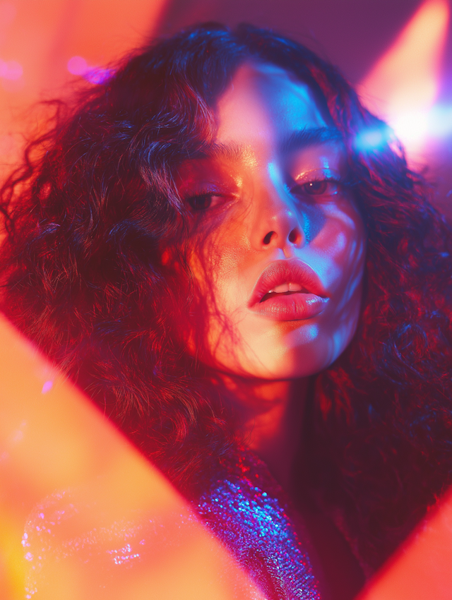 Vibrant Portrait with Red and Blue Lighting