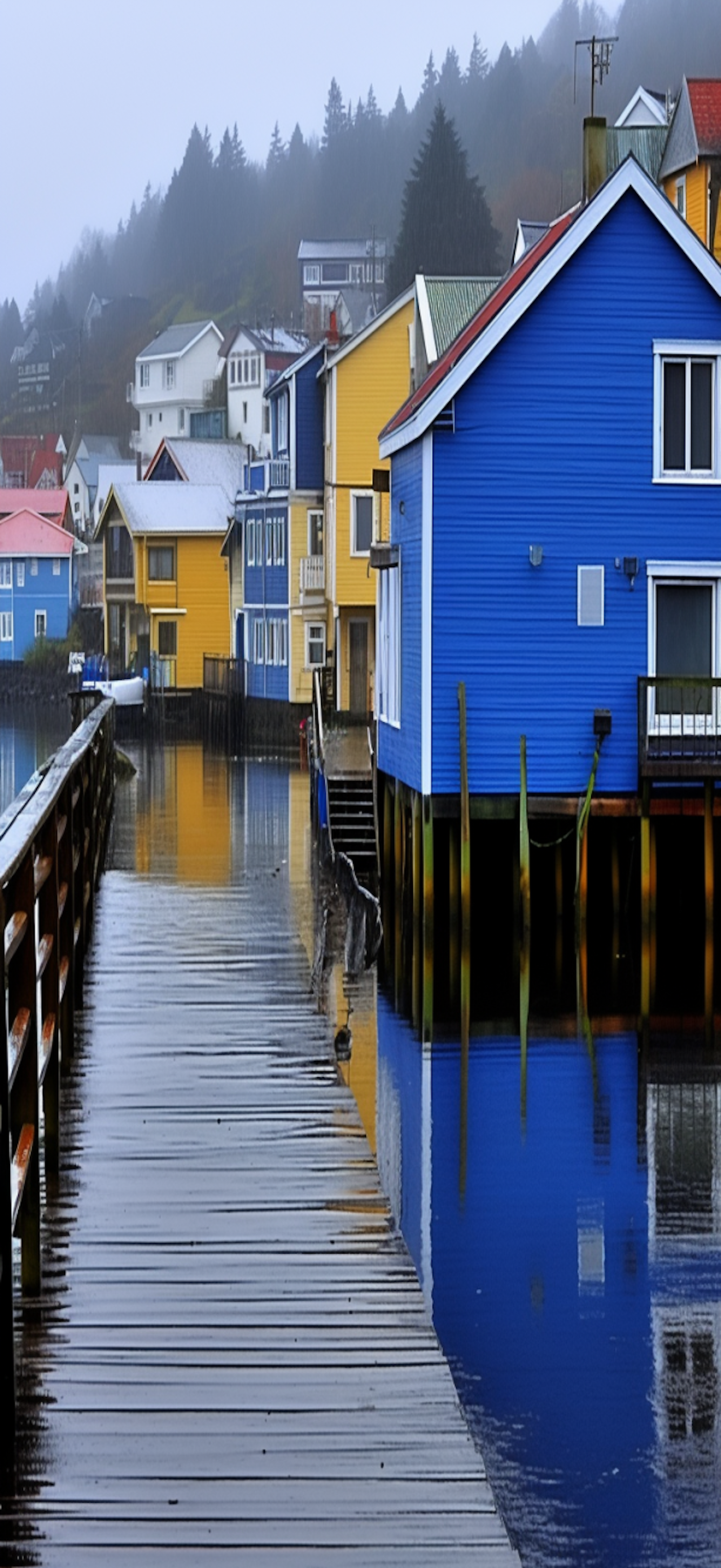 Misty Waterfront Serenity with Vibrant Stilt Houses