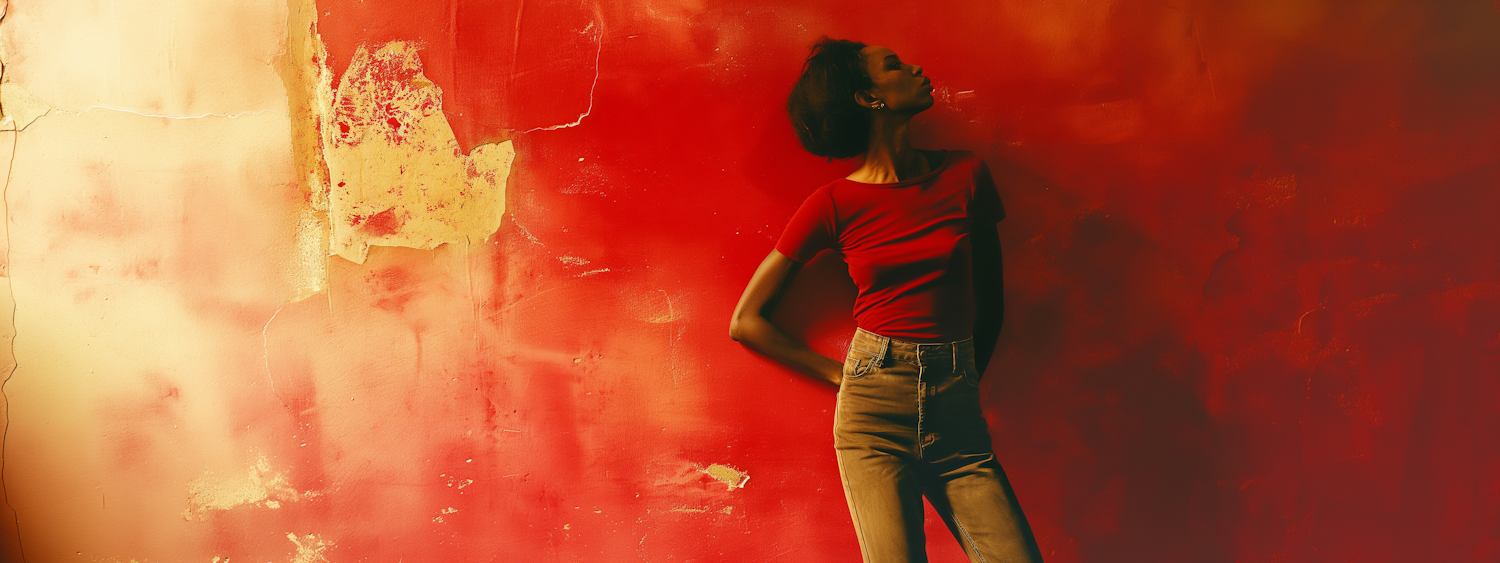 Contemplative Woman Against Vibrant Red Background