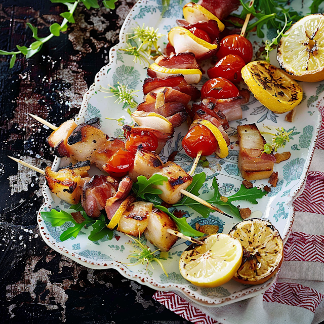 Grilled Skewers on Floral Plate