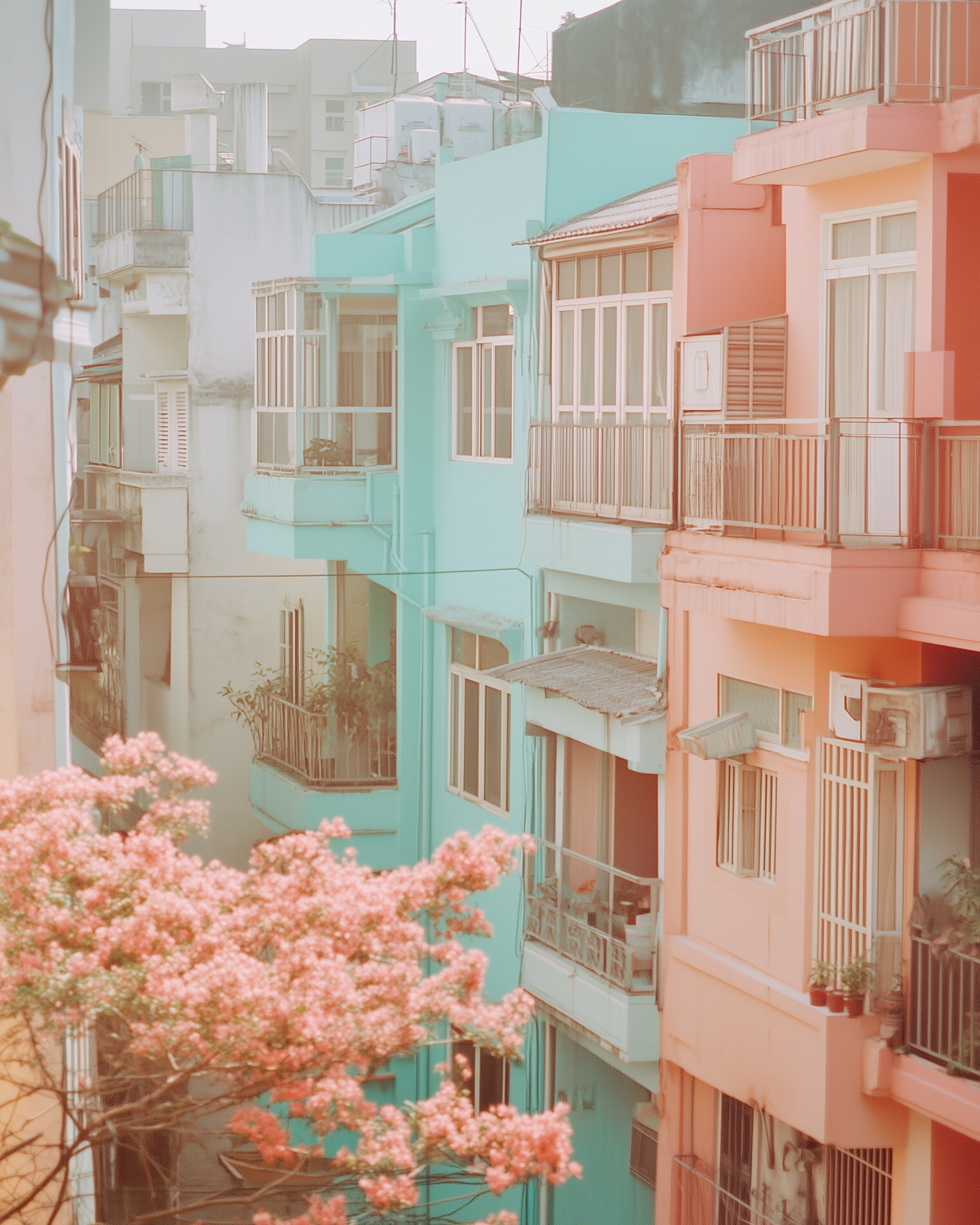 Vibrant Urban Scene with Pastel Buildings