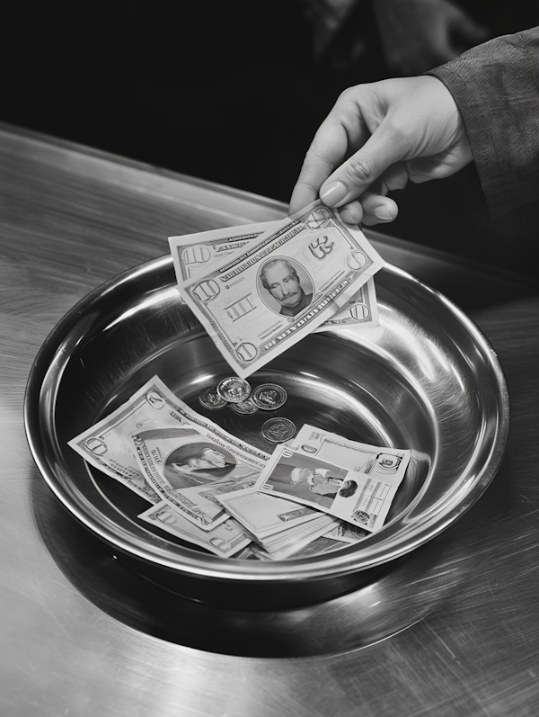 Monochromatic Scene of Money on Tray