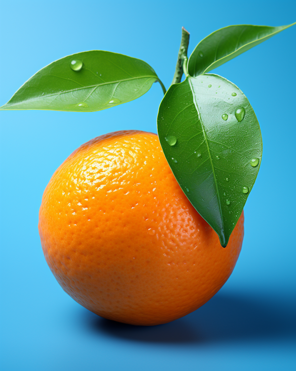 Fresh Dew-Kissed Orange with Leaves on Blue Background