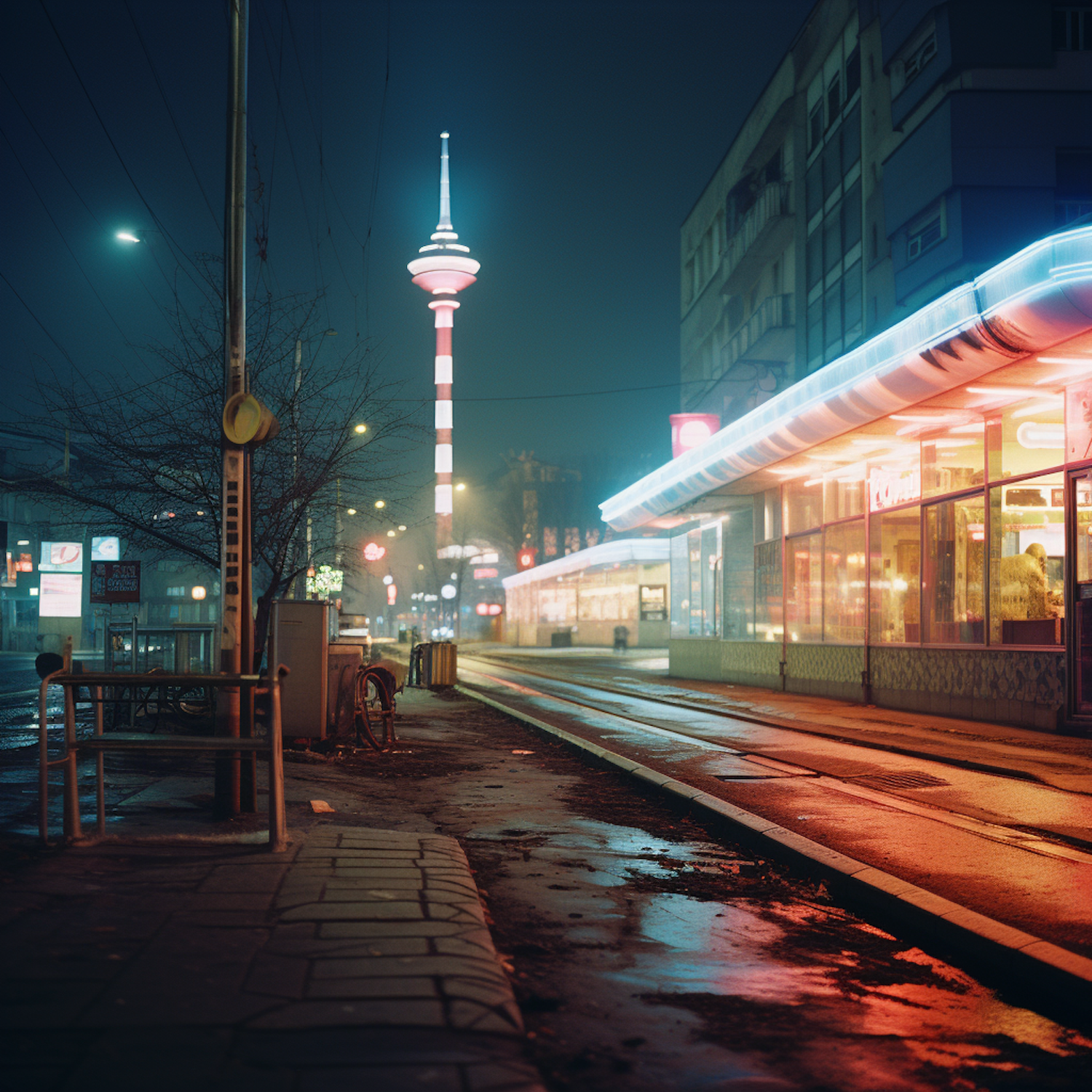 Nocturnal Serenity with Illuminated Tower and Neon-lit Diner