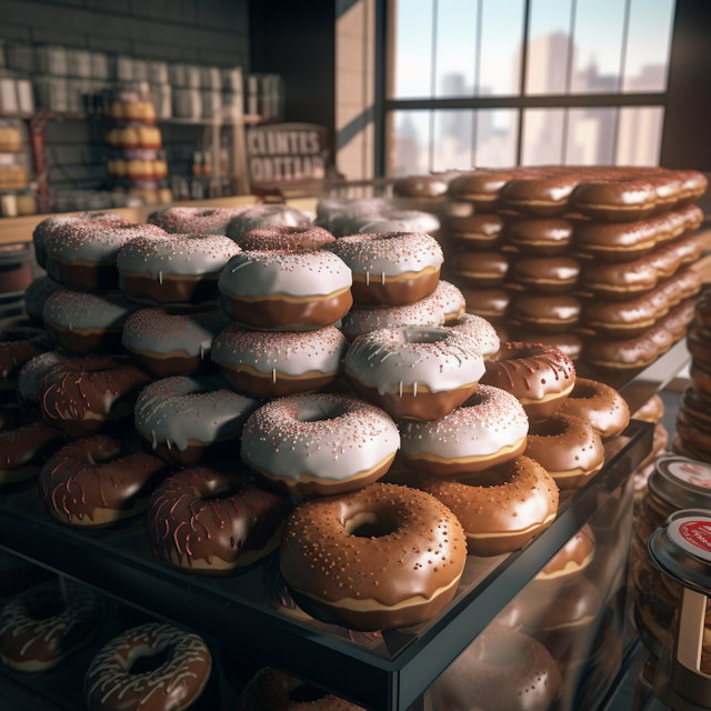 Assorted Gourmet Donuts on Display at Cozy Urban Bakery