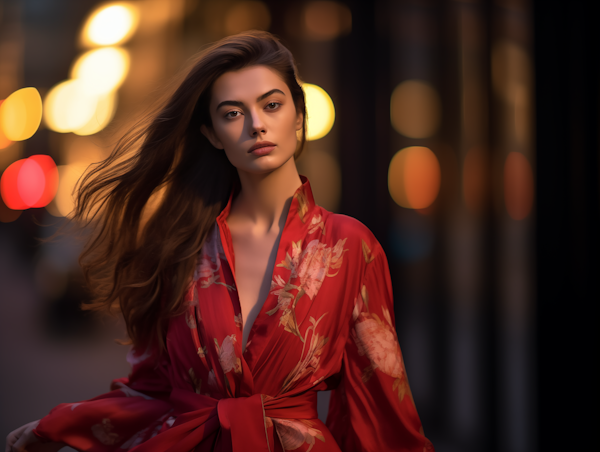 Serene Woman in Red Robe with Floral Design