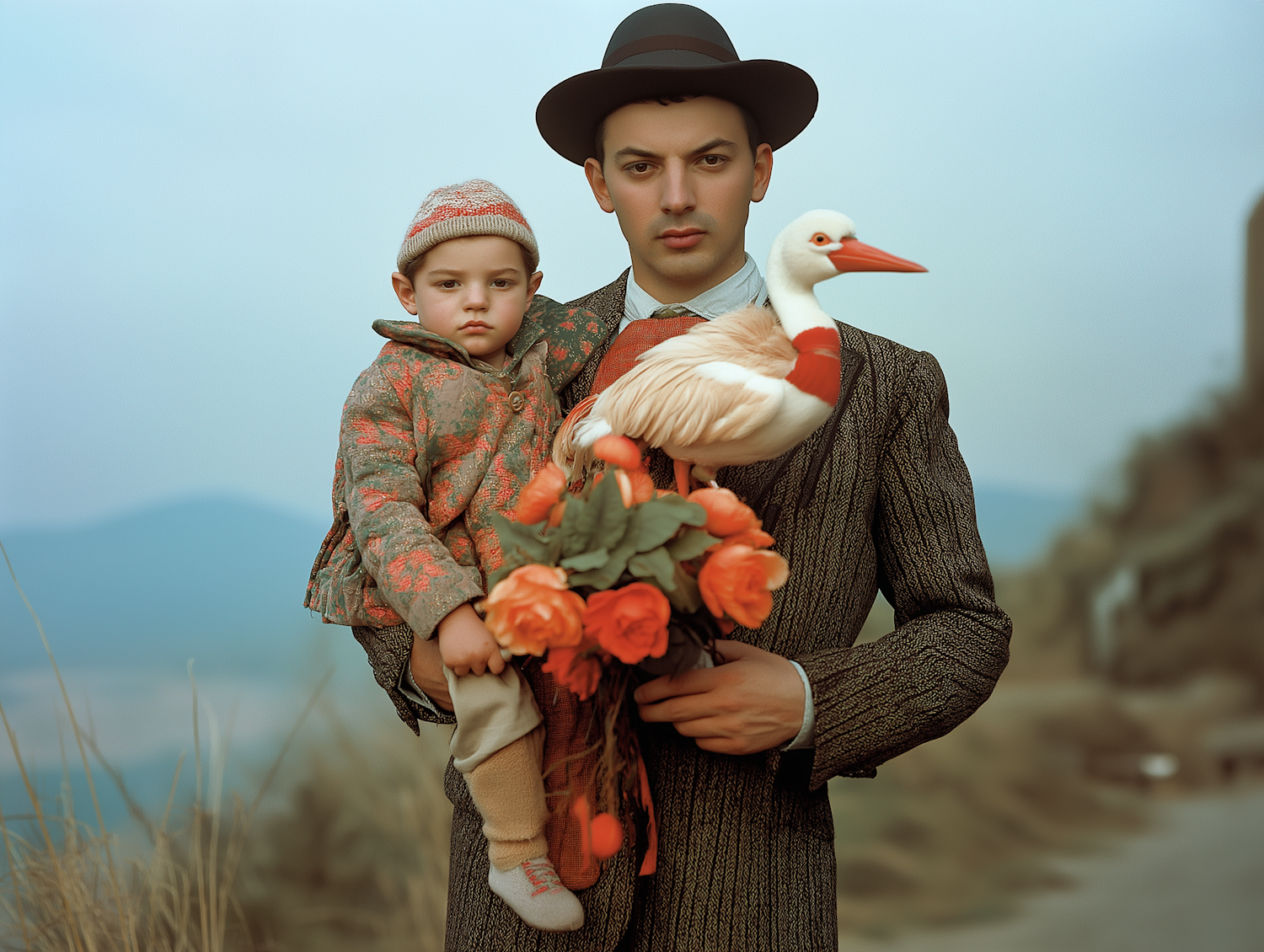 Vintage Man with Stork and Child