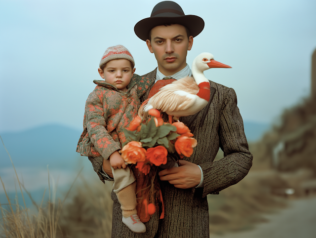 Vintage Man with Stork and Child