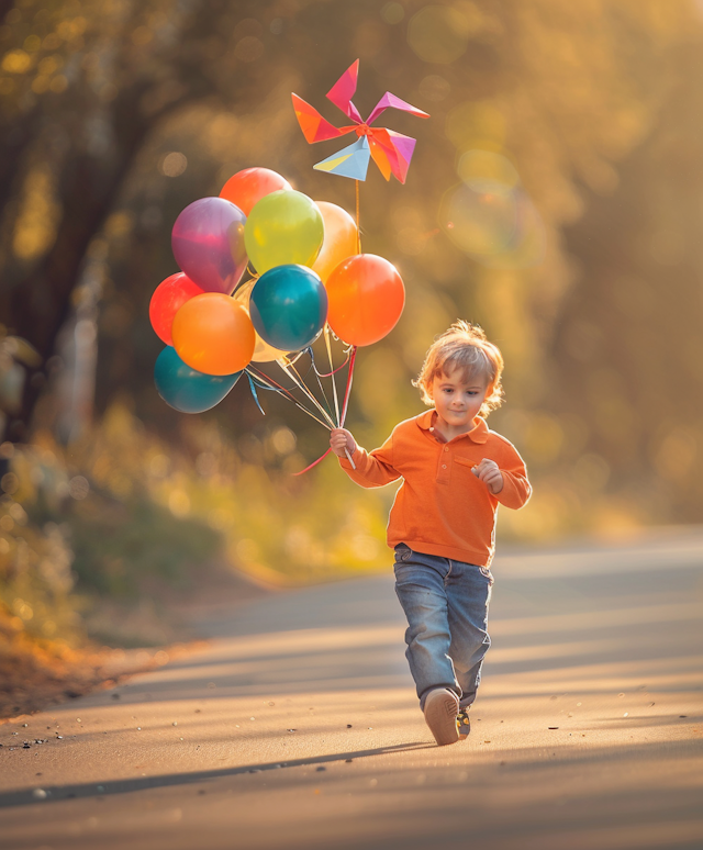 Joyful Boy with Balloons and Pinwheel