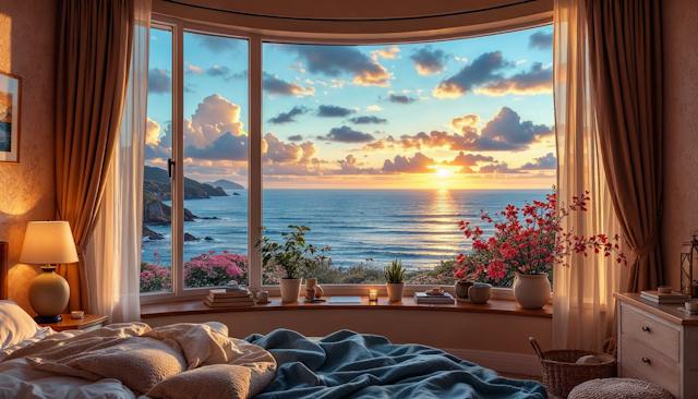 Cozy Bedroom with Ocean Sunset View