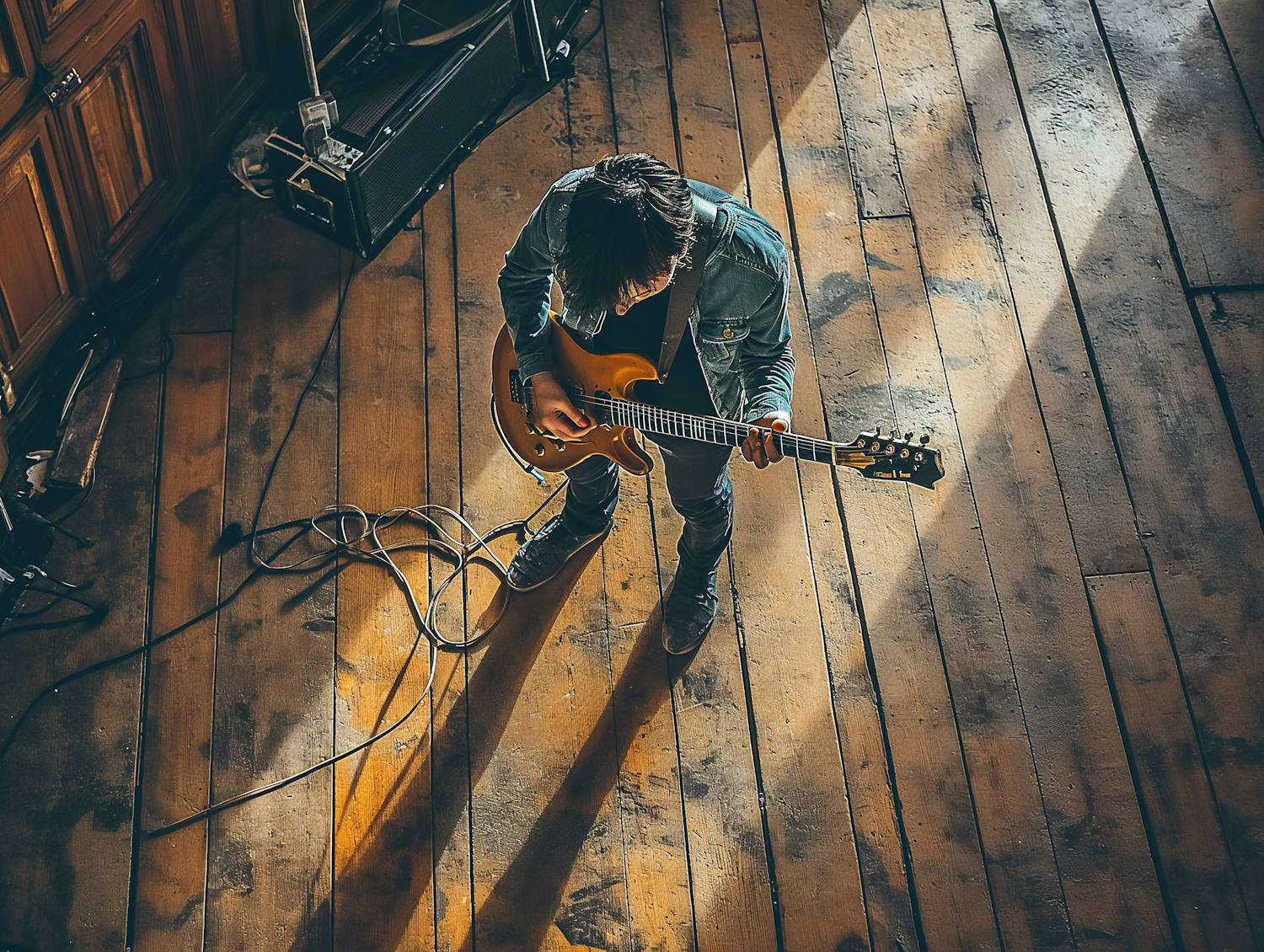 Intimate Strumming: Denim-clad Guitarist in Natural Light