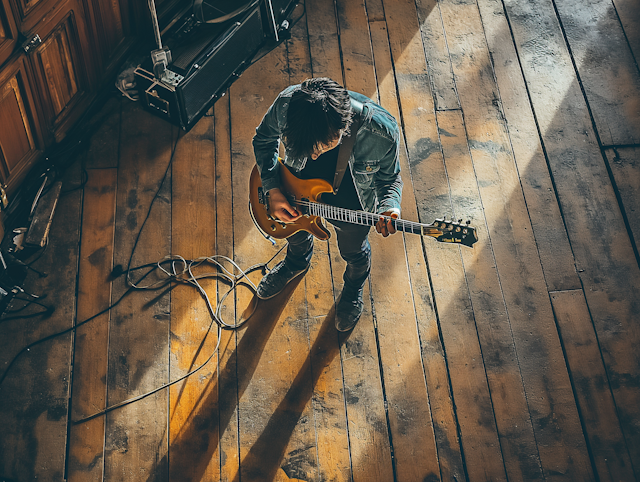 Intimate Strumming: Denim-clad Guitarist in Natural Light