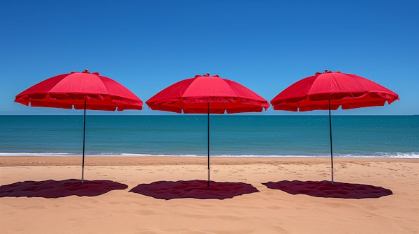 Tranquil Seaside with Red Umbrellas