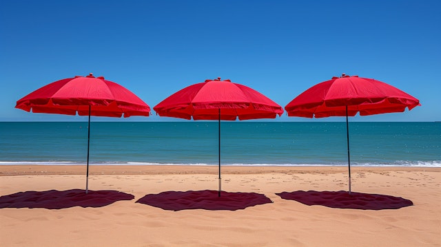 Tranquil Seaside with Red Umbrellas