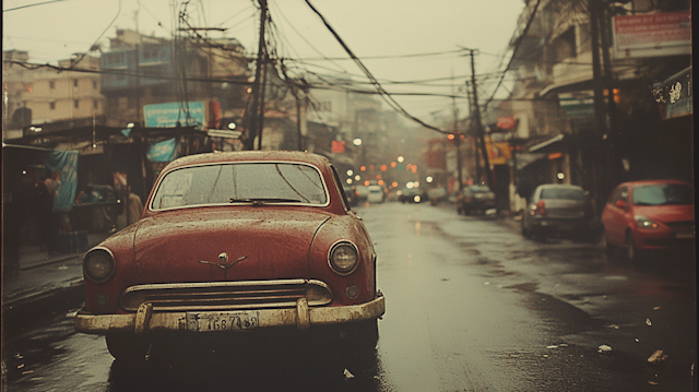 Vintage Red Car on Rainy Street