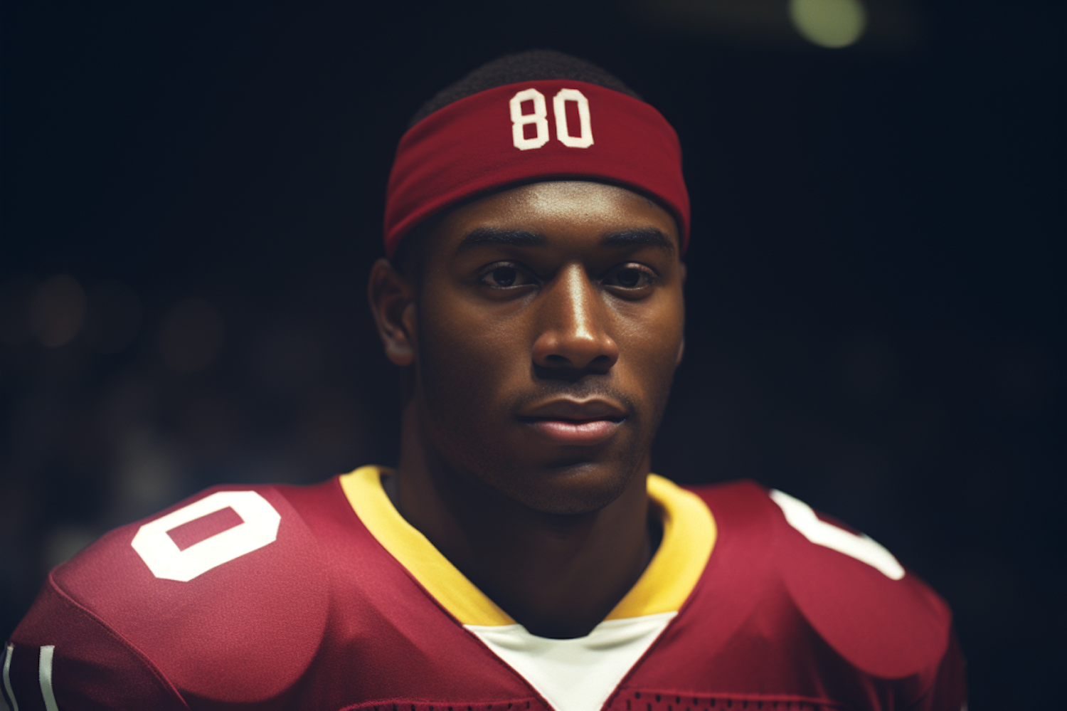 Focused Football Athlete #80 in Maroon Jersey