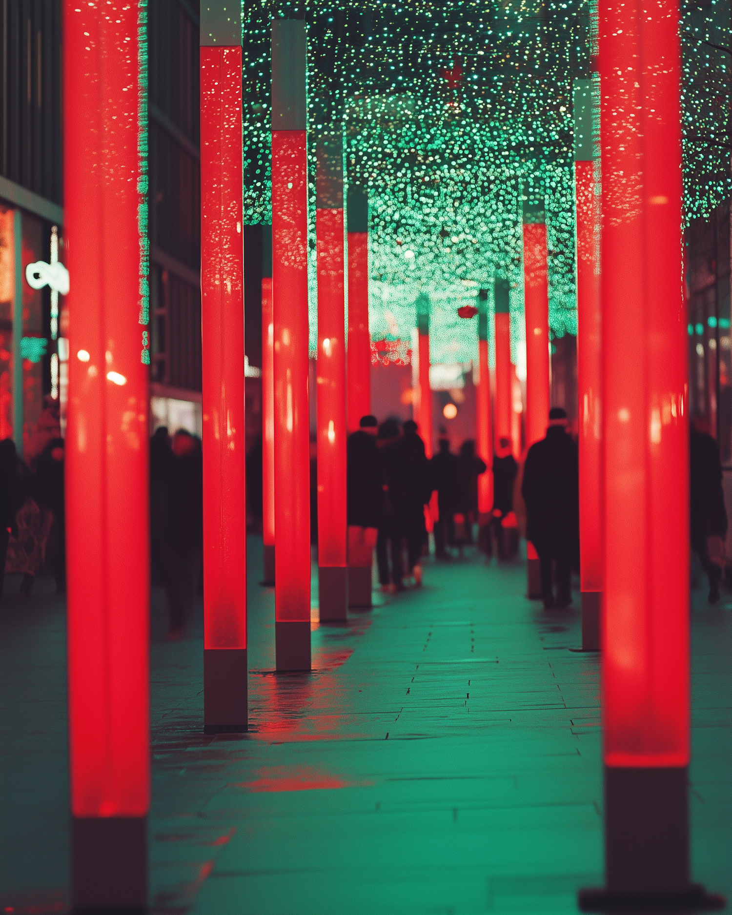 Vibrant Urban Scene with Glowing Red Pillars